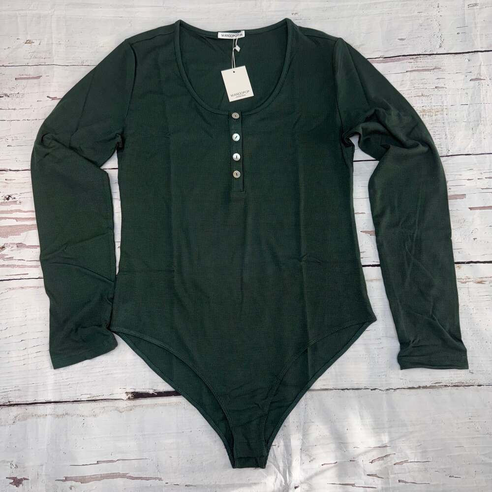 MANGOPOP Women's Ribbed Long‎ Sleeve Henley Bodysuit Forest Green XXL